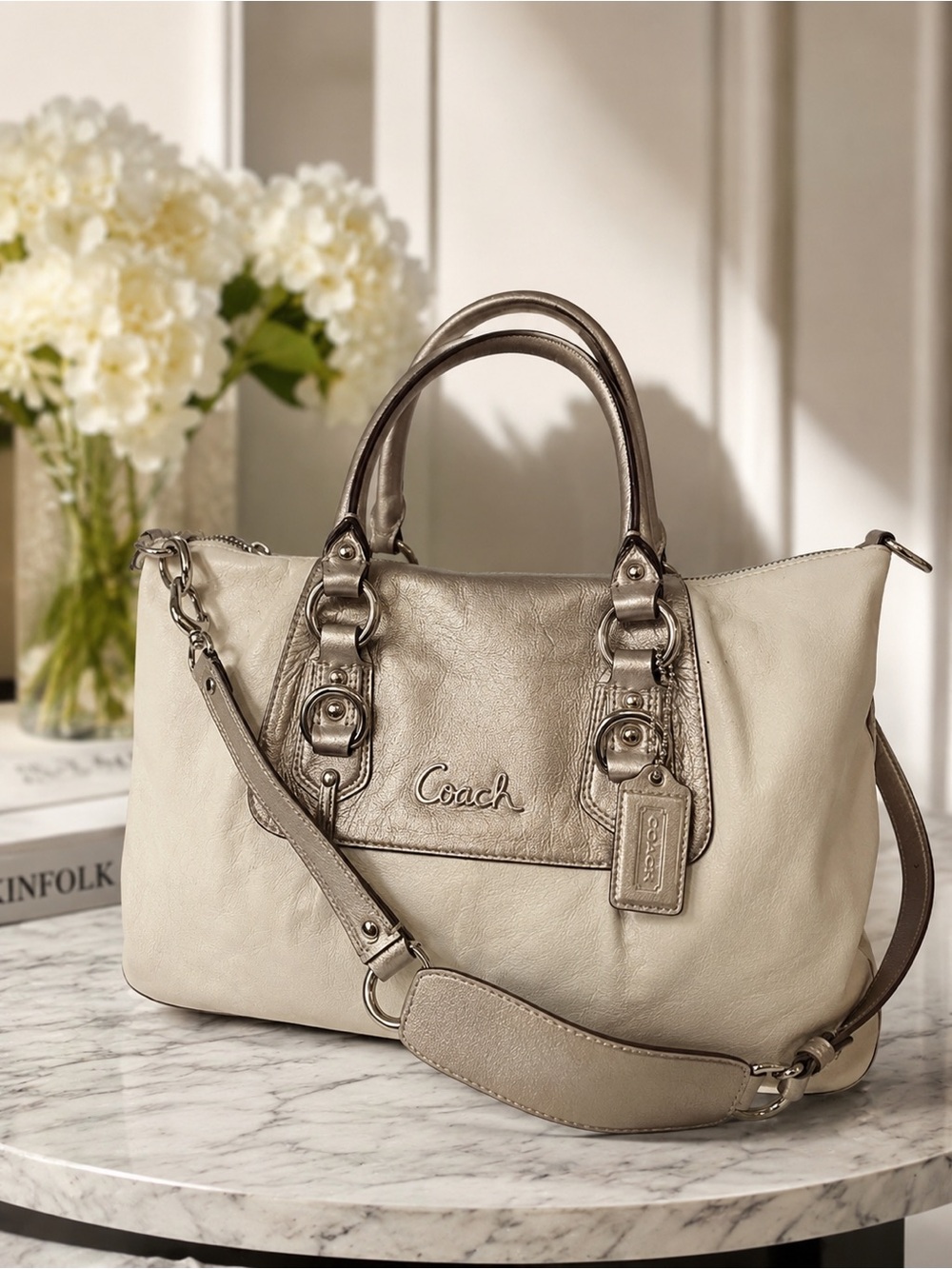 Coach Two-Tone Pebbled Leather Satchel in Cream and Metallic Taupe